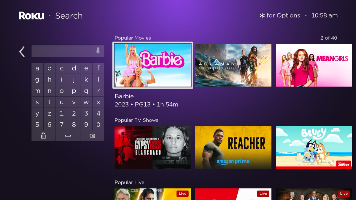 Roku TV search menu