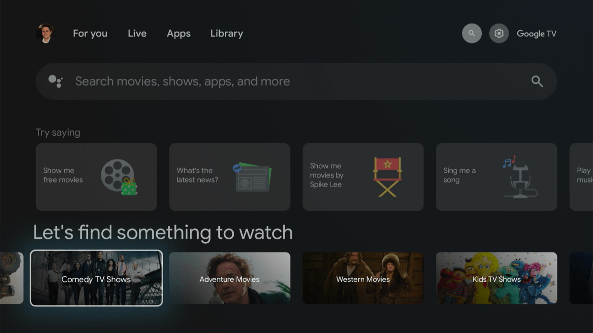 The search menu on Google TV