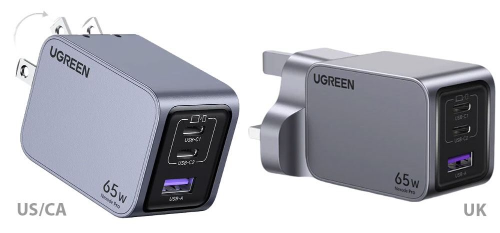 UGREEN 65W USB C Charger, Travel Power Adapter with 3 Switchable Plugs  US/UK/EU, Black