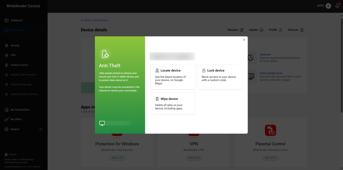Anti-Theft tools in Bitdefender Central