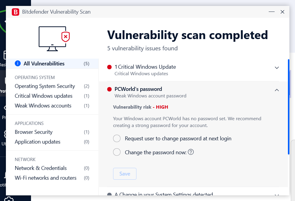 Bitdefender vulnerability scan results