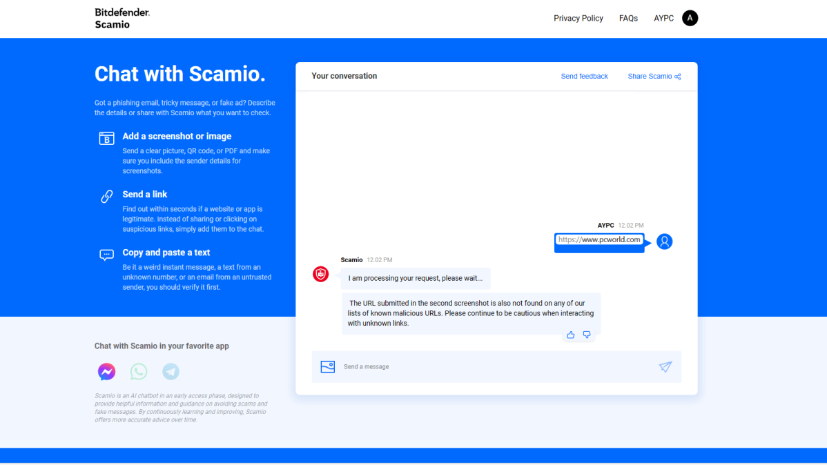 Chatbot Bitdefender Scamio