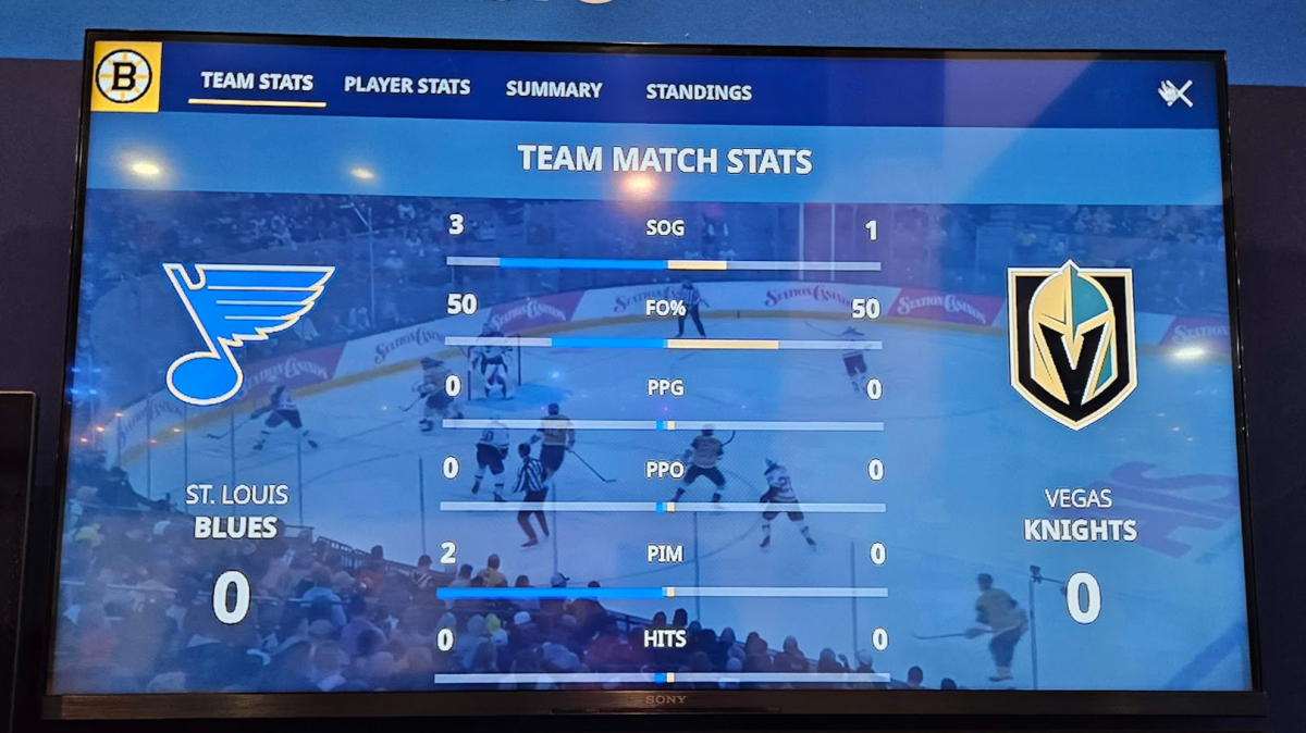 Live team match stats overlaid onto video of a hockey game