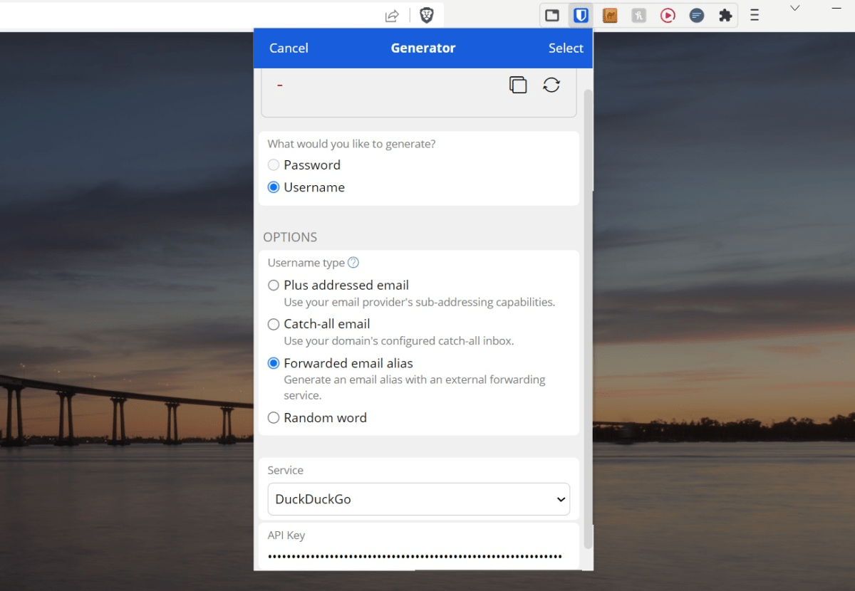 Generating a DuckDuckGo masked email in Bitwarden via the "Forwarded email alias" option