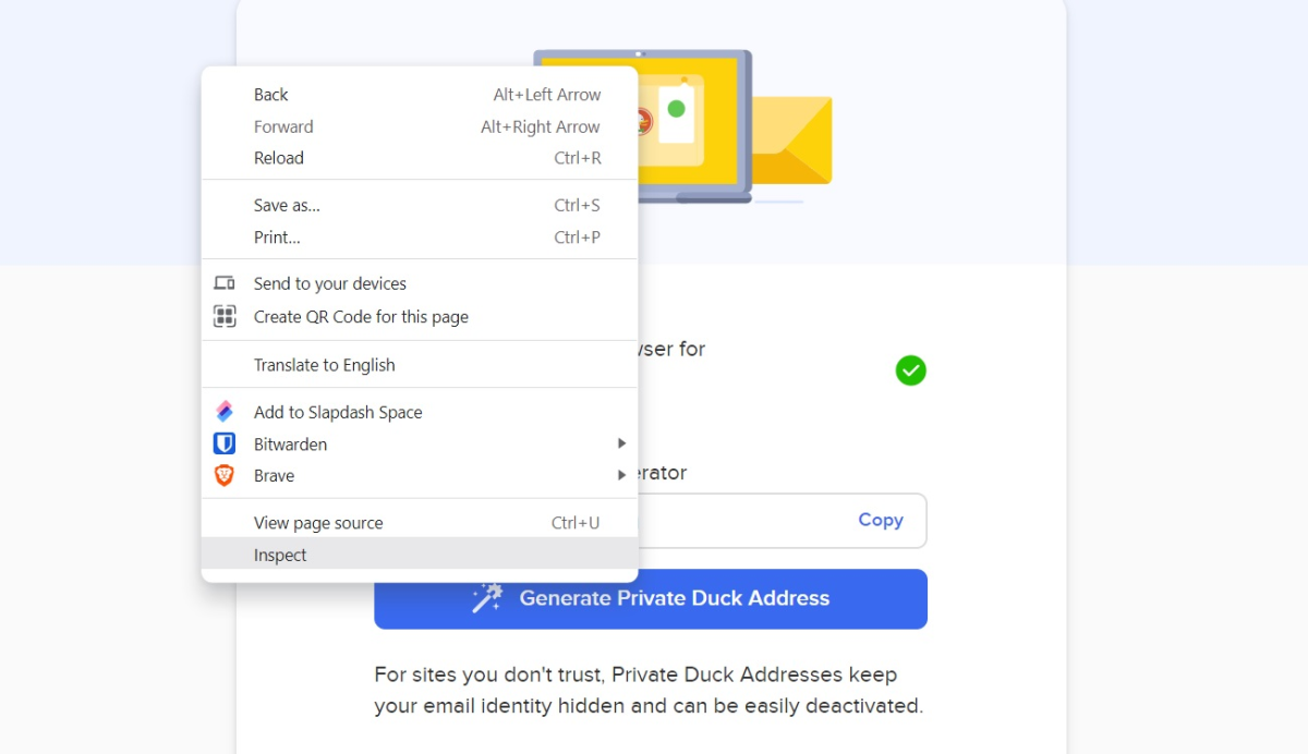 Inspecting the page on DuckDuckGo's masked email setup