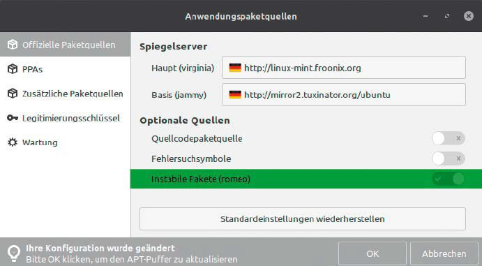 Extra-Paketquelle für ungetestete Software: Es obliegt dem Anwender, diese zusätzliche aktuelle Software auf dem System zu erlauben.