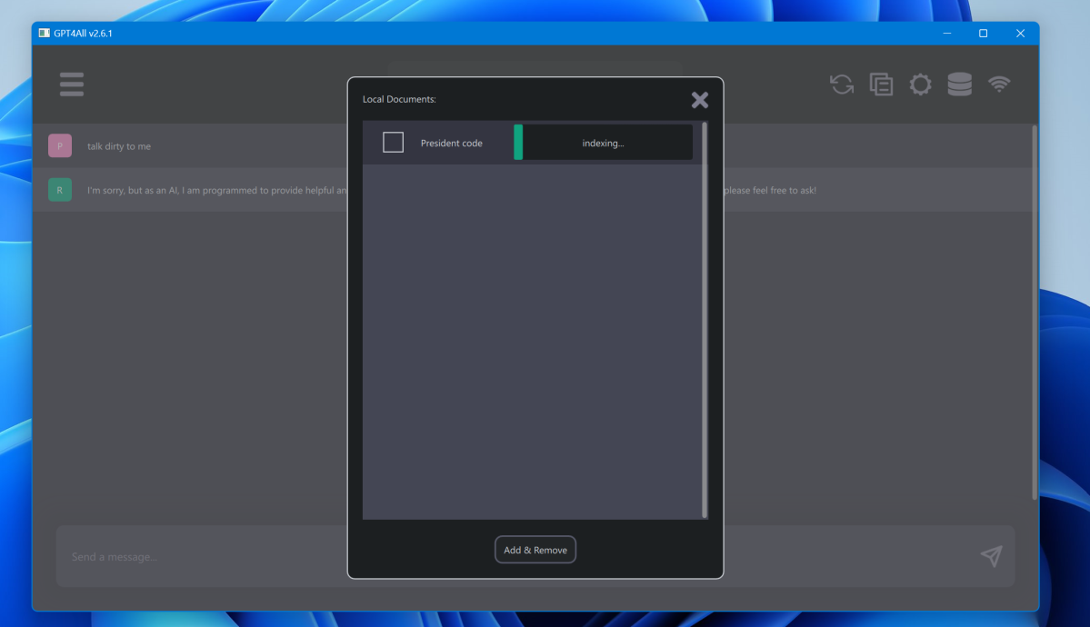 GPT4All LLM AI chatbot local document index