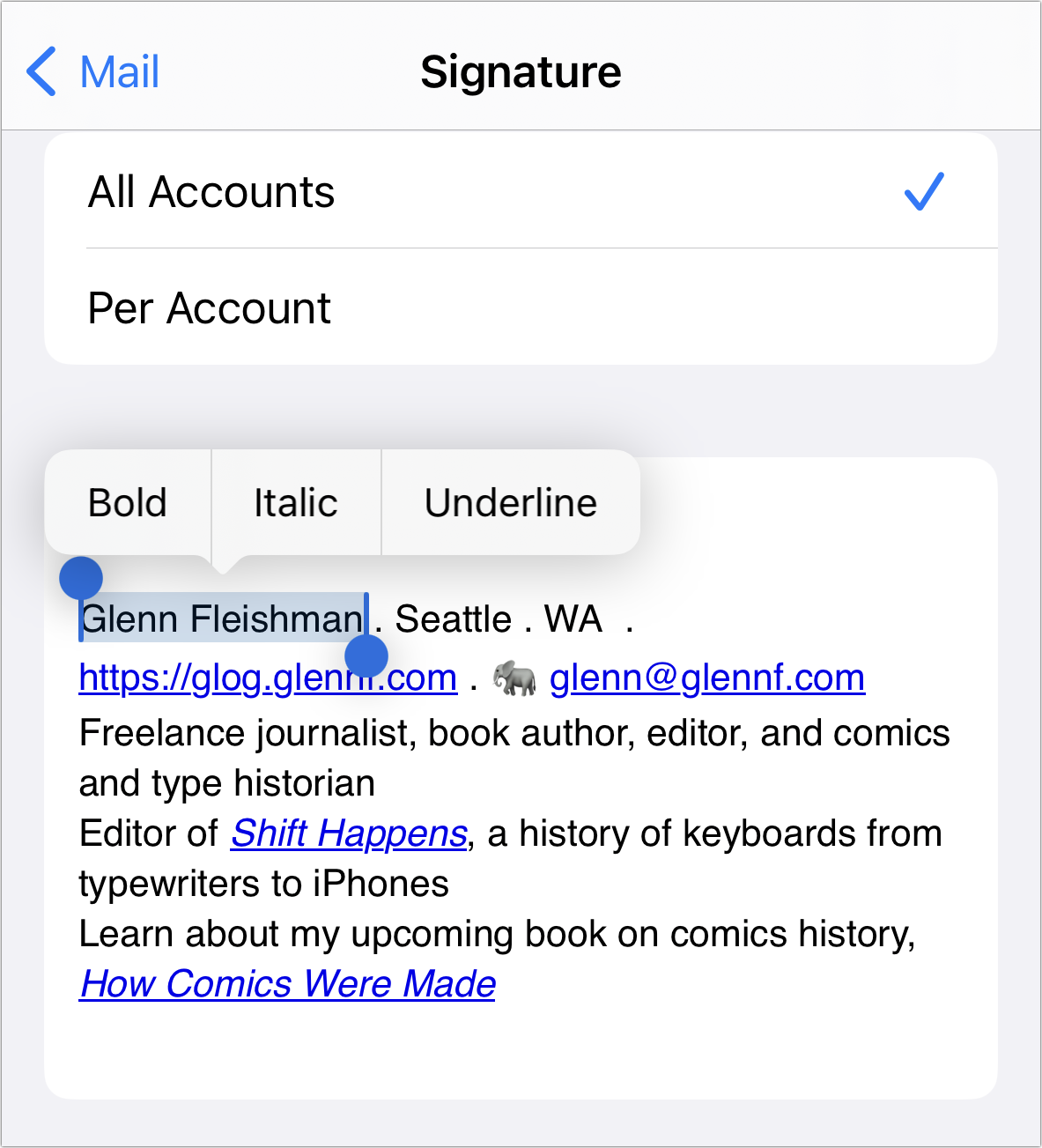 how to format iphone mail signature