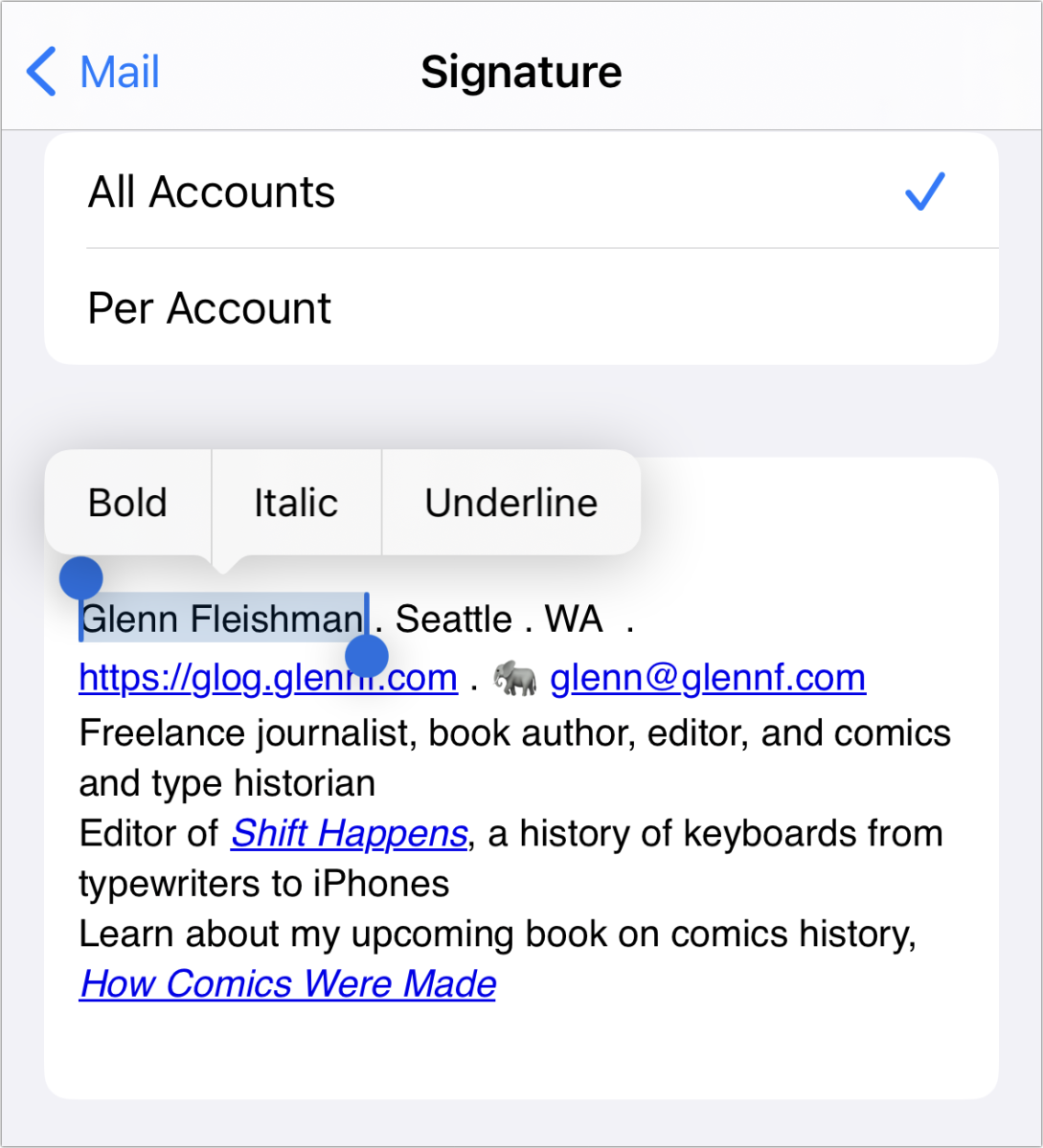 iOS mail signature settings