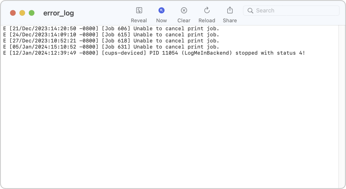 macOS printer error log