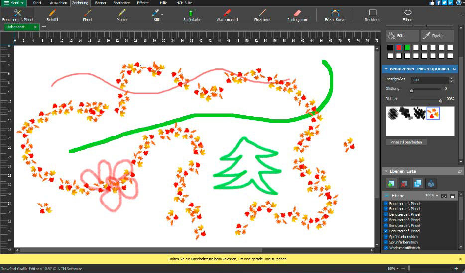 Drawpad von NCH Software bietet Ihnen zahlreiche Malwerkzeuge, die Sie hinsichtlich Größe und Dichte anpassen dürfen. Auch ist das verwenden von Ebenen möglich, und Sie dürfen Pinsel auch selbst erstellen.