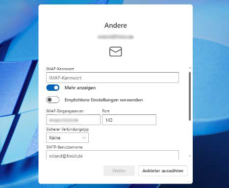 Al configurar el nuevo Outlook, se le solicitarán sus datos de acceso IMAP, que luego se guardarán en la nube de Microsoft.