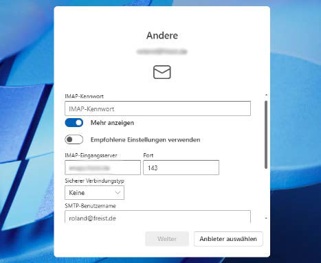 Beim Einrichten des neuen Outlook werden Sie nach Ihren IMAP-Zugangsdaten gefragt, die dann anschließend in der Microsoft-Cloud gespeichert werden.