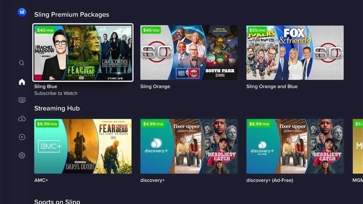 Sling Freestream home screen with upsells to premium services