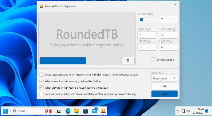 Taskbar umgestalten: Rounded TB stattet die Taskleiste mit abgerundeten Ecken aus, ändert den Abstand zum Bildschirmrand und verkleinert die Leiste auf die minimal erforderliche Länge.