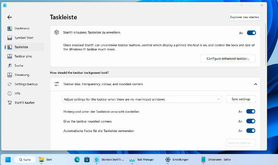Taskleiste mit mehr Funktionen: Start 11 ermöglicht umfangreiche Anpassungen der Taskleiste, beispielsweise für abgerundete Ecken und die Position auf dem Bildschirm (unten oder oben).
