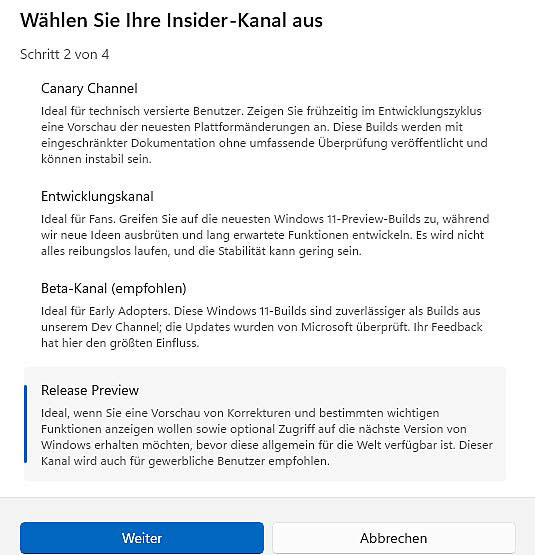 Windows-Vorabfunktionen testen: Wer auf die neuesten Funktionen gespannt ist, wechselt in den Canary Channel. Von der Release Preview kann man die höchste Zuverlässigkeit erwarten.