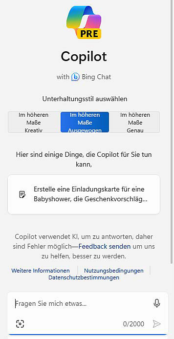 KI im Fenster: Das eigenständige Fenster, in dem der Copilot angezeigt wird, gehört zu den Neuerungen der nächsten Windows-Version. In der Vorabversion lässt er sich schon jetzt testen.