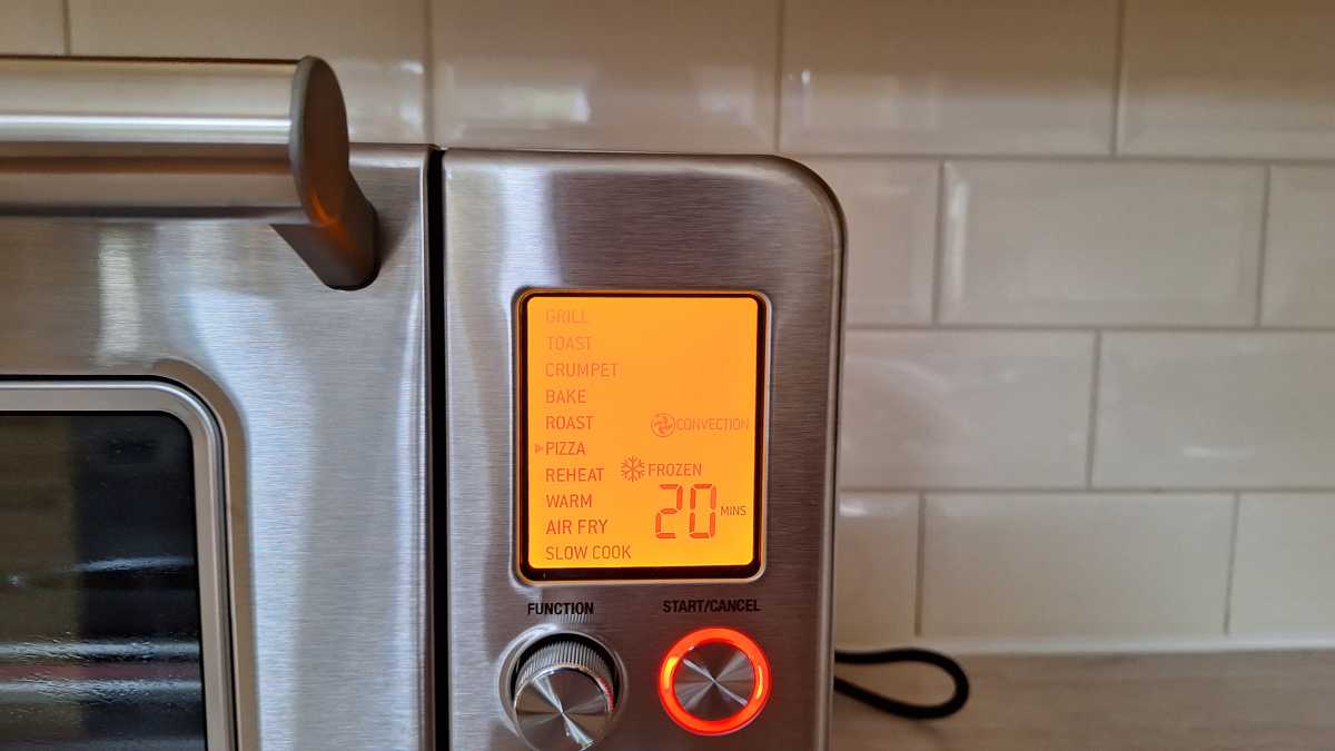 A view of the lit LCD display of the Sage Smart Oven Air Fryer