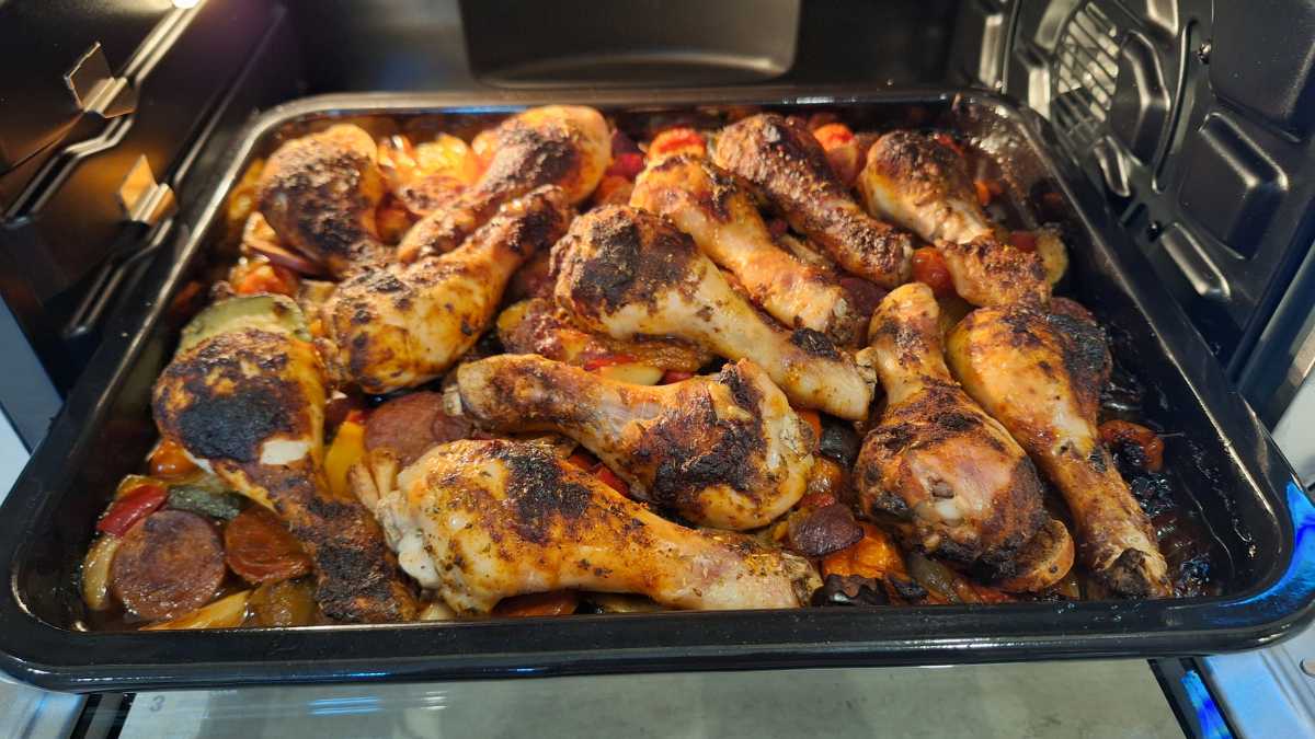 A view of roasted chicken and vegetables in the Sage Smart Oven Air Fryer