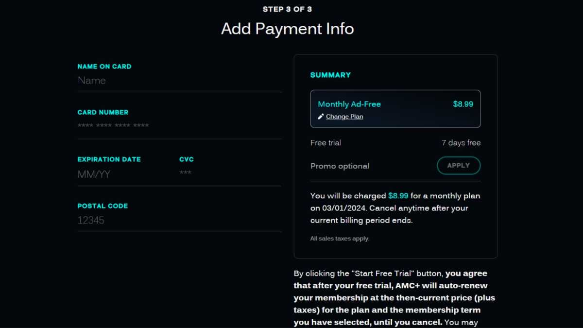 AMC+ Add payment information