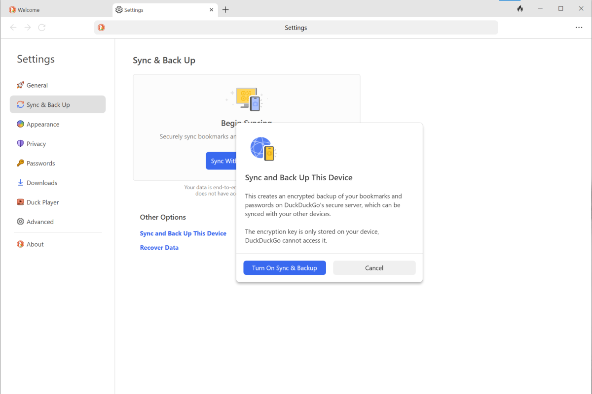 DuckDuckGo Backup & Sync setup