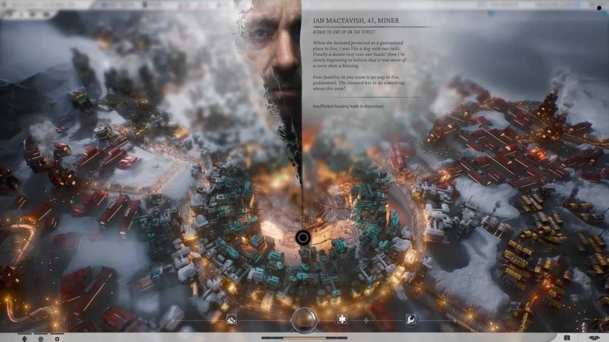 Frostpunk 2 personalisiert Fraktionen wie hier die Minenarbeiter, die sehr wichtig für uns sind und sich darüber beschweren, dass vier Familien sich einen Raum teilen müssen. Skalieren wir unsere Dampfgeneratoren, können wir größere Wohngebiete in den Außenteilen bauen.