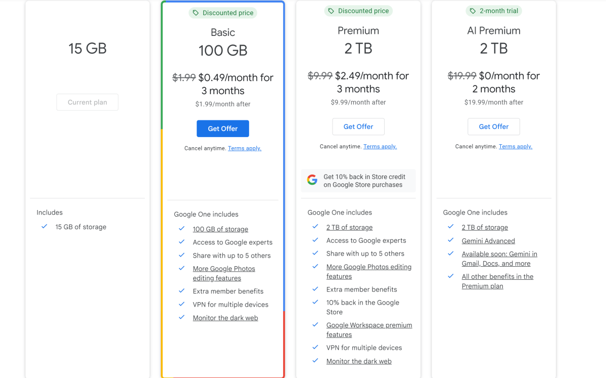 Google One paid plans