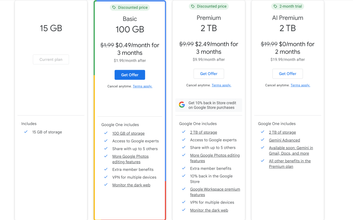 Planes pagos de Google One