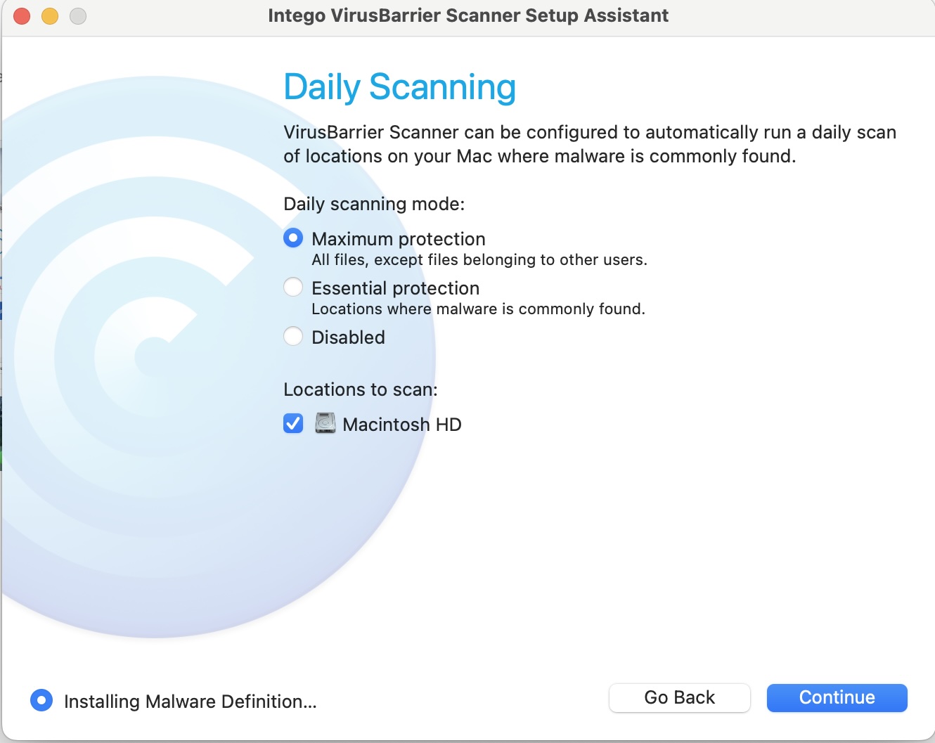 Intego VirusBarrier scanner set up 1