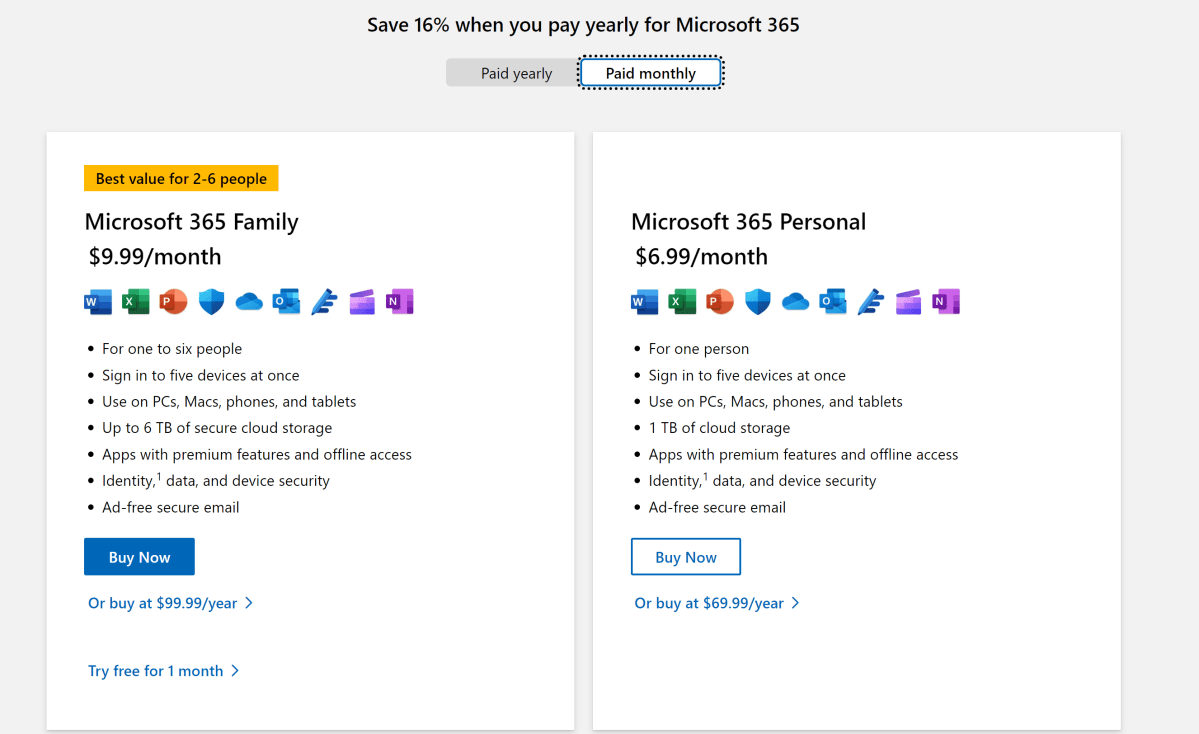 Planes pagos de Microsoft 365