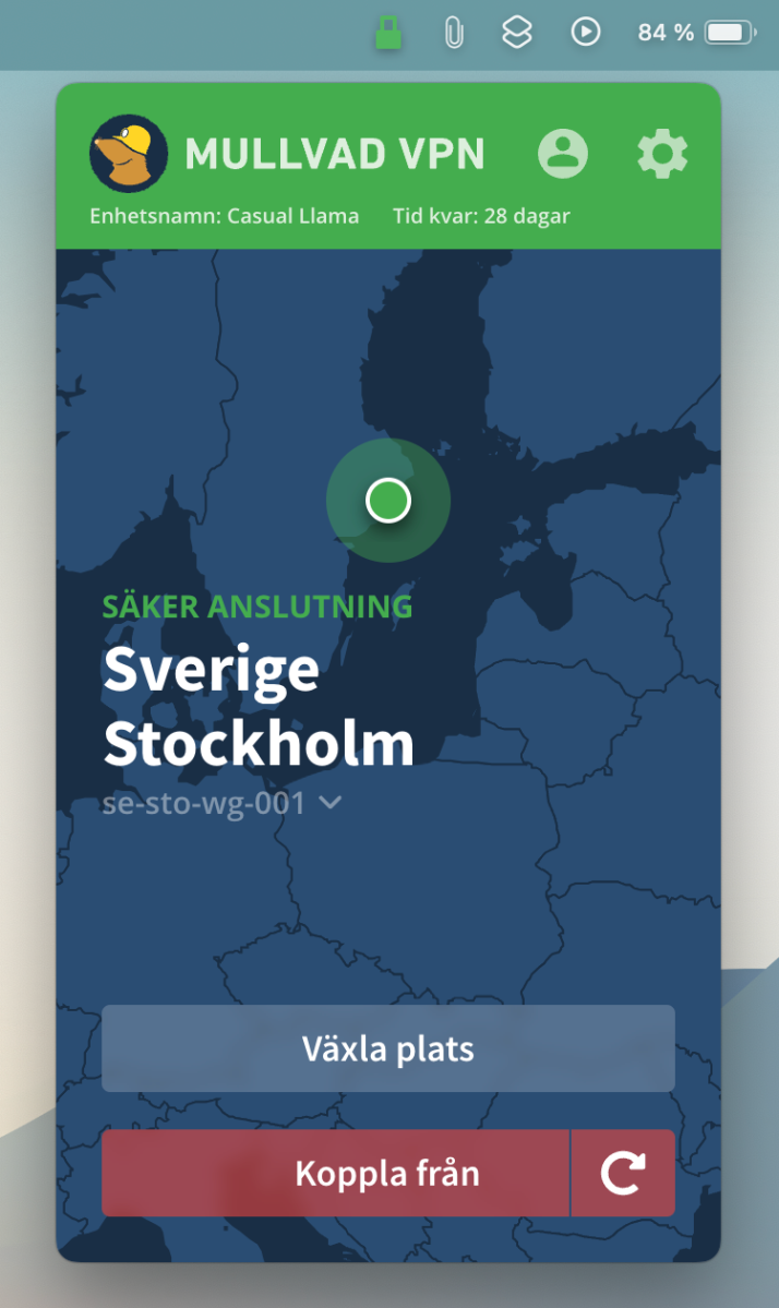 Mullvad VPN uppkopplad