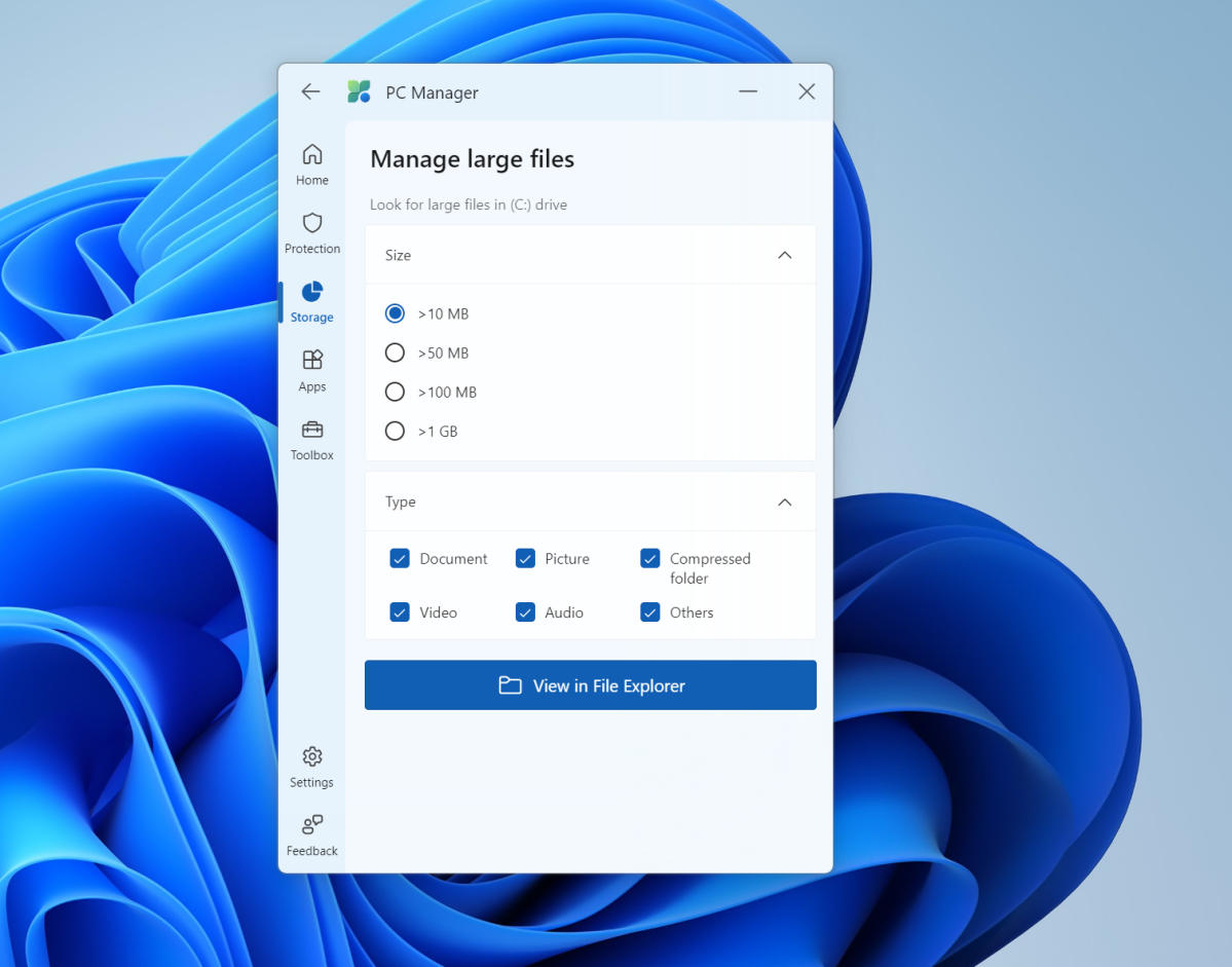 Microsoft PC Manager Administrar archivos grandes
