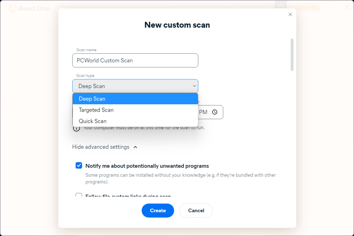 Avast One custom scan creation screen