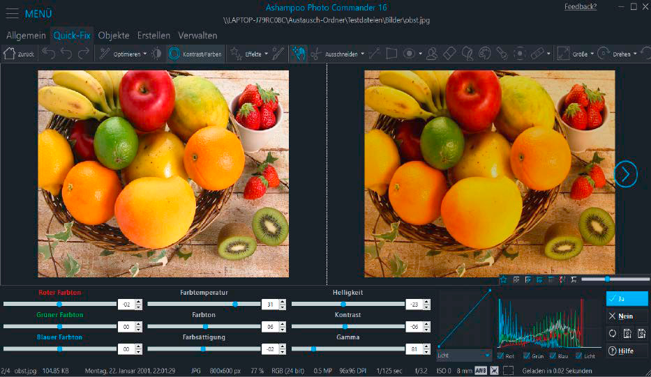 Der Photo Commander 16 von Ashampoo lässt Sie in Verbindung mit einem Scanner Papierabzüge einlesen und hat darüber hinaus grundlegende Bearbeitungswerkzeuge an Bord.