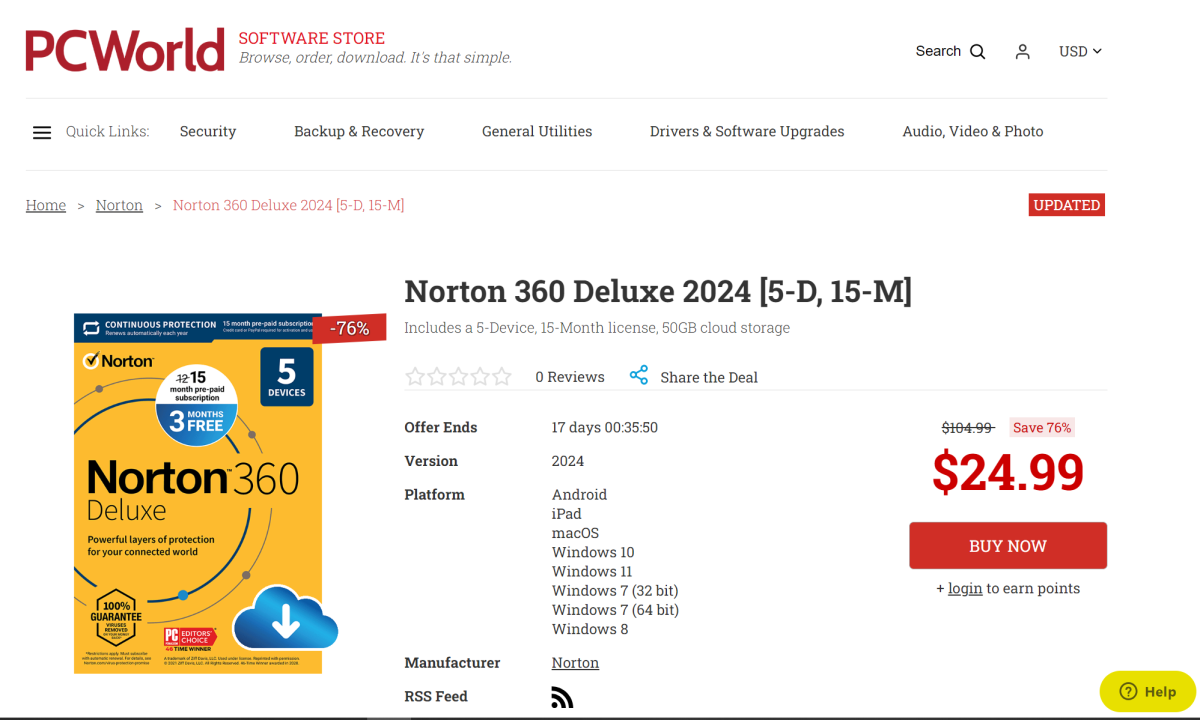 Norton 360 Deluxe license through the PCWorld Software Store