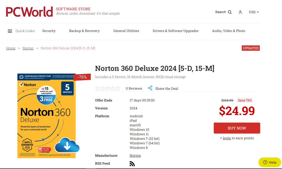 PCWorld Software Store - Norton 360 Premium 2024 [10-D, 15-M] - 70% off MSRP