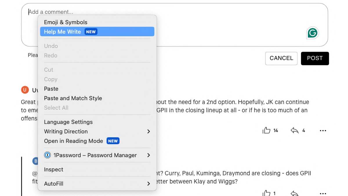 Mac Chrome Help me write menu