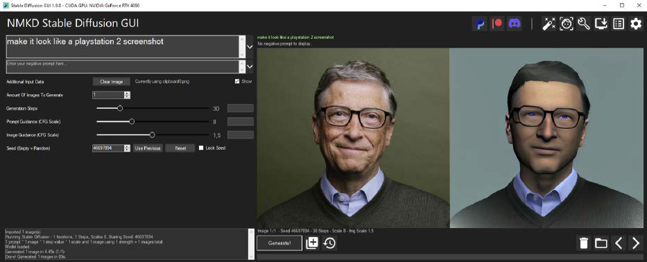 NMKD Stable Diffusion GUI erzeugt Bilder auf Befehl. So können Sie beispielsweise angeben, dass Sie Bill Gates so sehen wollen, wie die Playstation 2 ihn dargestellt hätte.