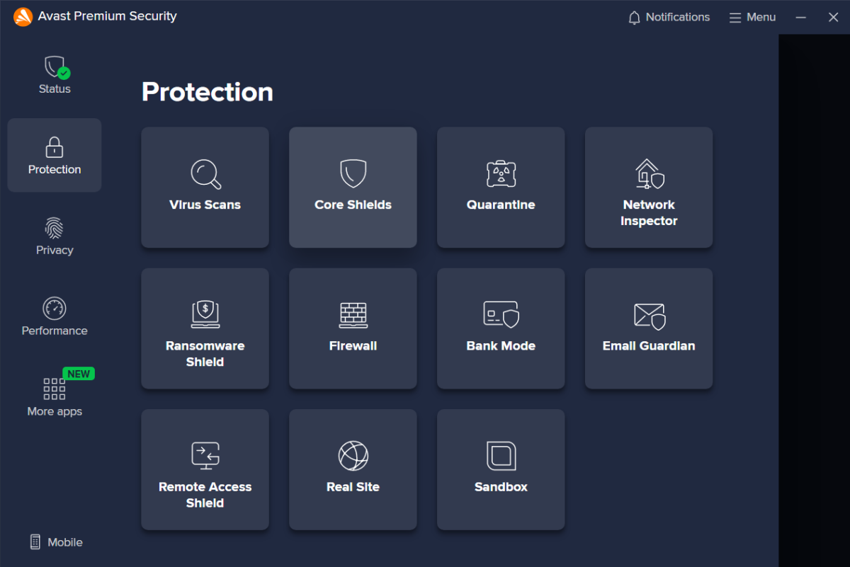 Avast Premium Security Protection screen