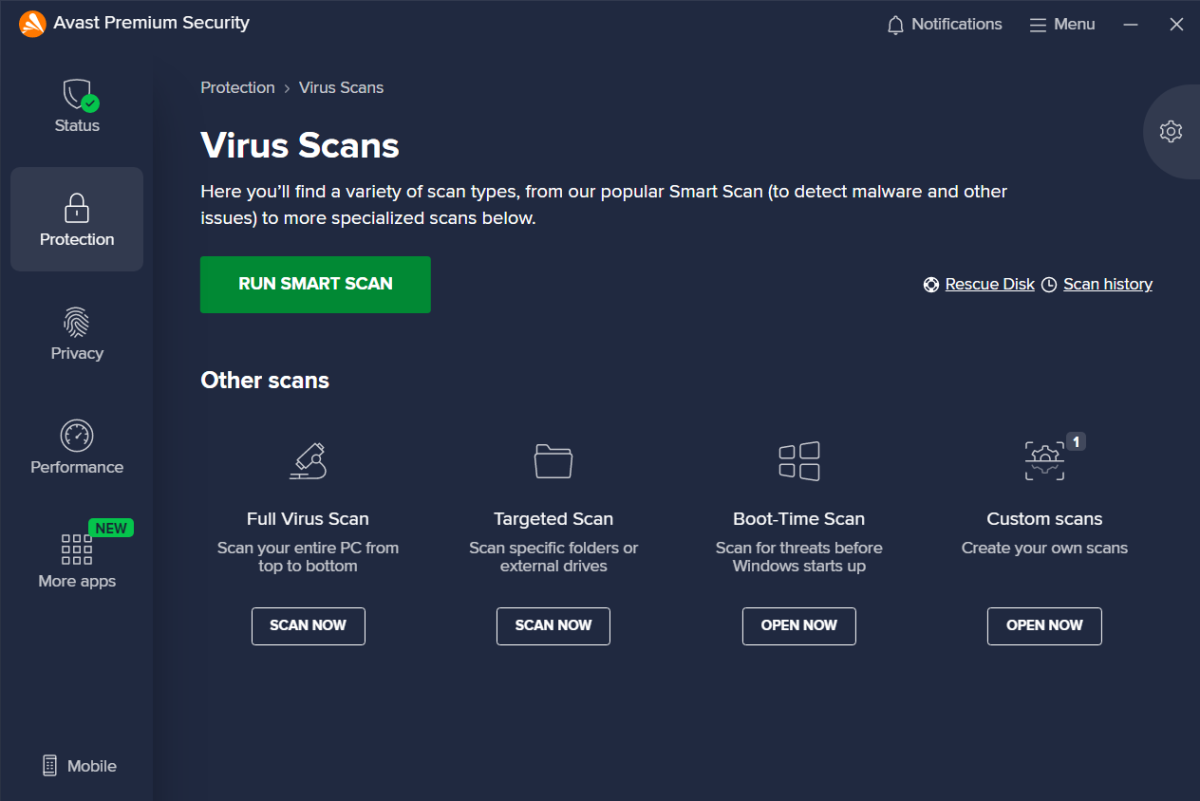 Avast virus scan options