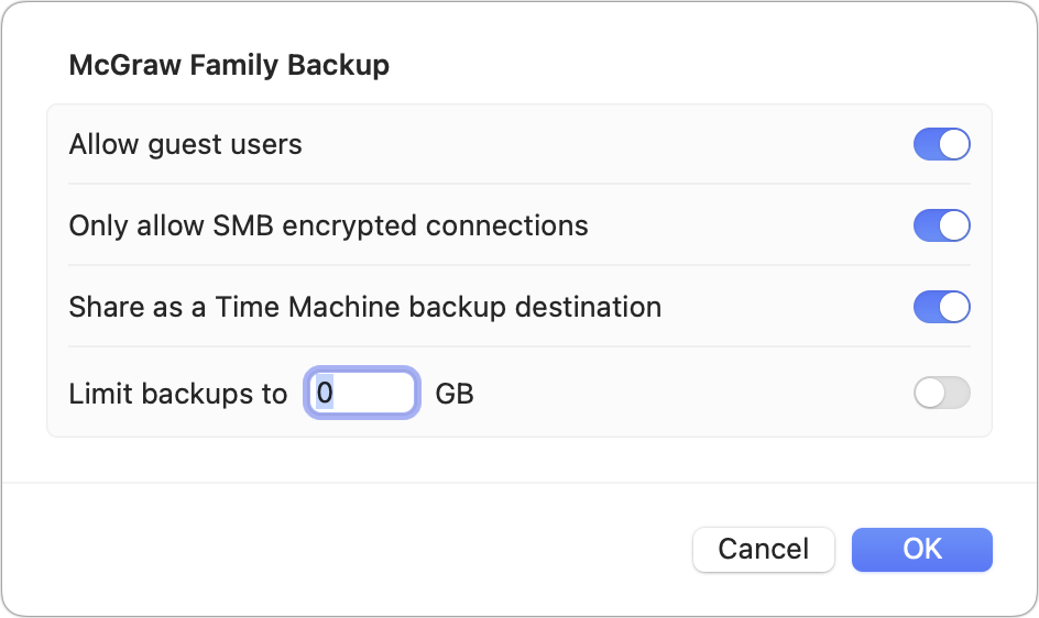 macOS Share as Time Machine backup destination