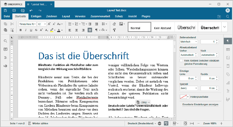 Der Import verschiedener Layouts gelingt in der Textverarbeitung von Only Office meist ohne Probleme. Bei Spalten und fehlenden Schriften verrutscht manchmal auch etwas.