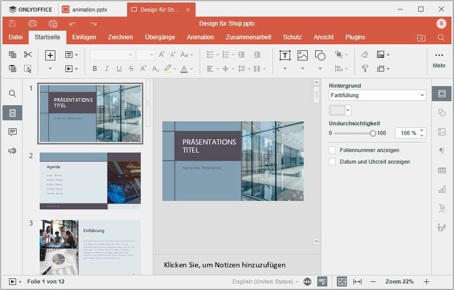 Las plantillas de Microsoft Powerpoint se pueden utilizar muy fácilmente en la solución de código abierto y adaptarlas para su propia presentación.