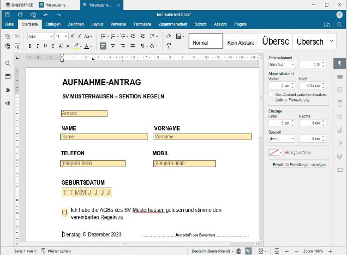 Diseñar formularios es fácil con Only Office y ofrece muchas opciones.  Las plantillas terminadas se pueden utilizar en línea o exportar como PDF.