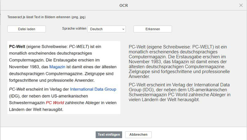 Die Texterkennung aus Bildern ist über das OCR-Modul direkt in Only Office möglich.