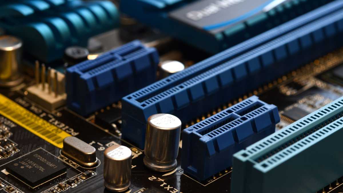 Motherboard with blue PCI-express slot, close-up and selective focusing