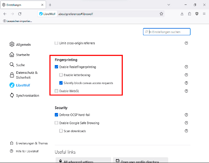 Libre Wolf besitzt einen Schutz vor Fingerprinting, der die Identifikation des Nutzers über Merkmale der Hardware seines PCs und seiner Software verhindern soll.