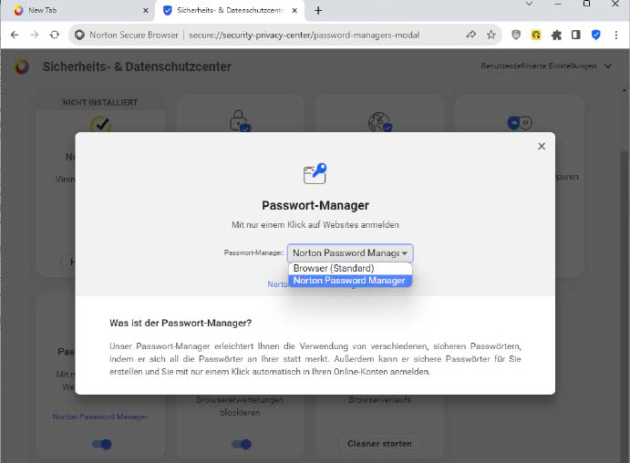 Unter den Browsern von Gen Digital bietet allein der Norton Secure Browser neben dem standardmäßig eingestellten Chromium- Passwort-Manager auch einen eigenen an.