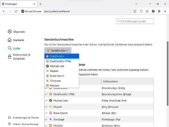 Beim Mullvad Browser ist als Suchmaschine Duckduckgo voreingestellt. Diese Einstellung lässt sich ändern, wobei Sie unter einer ganzen Reihe von Alternativen auswählen können. Google ist allerdings nicht mit dabei.